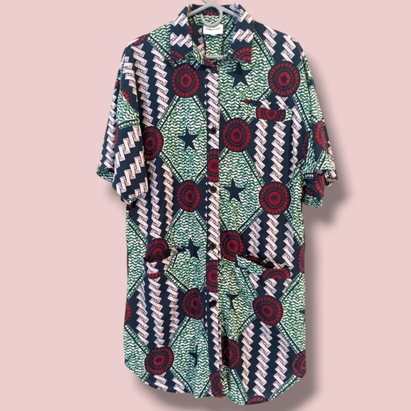 Bimba Y Lola Green Patterned Cotton Short Sleeve Button-Up Shirt Dress Artsy - Picture 2 of 12